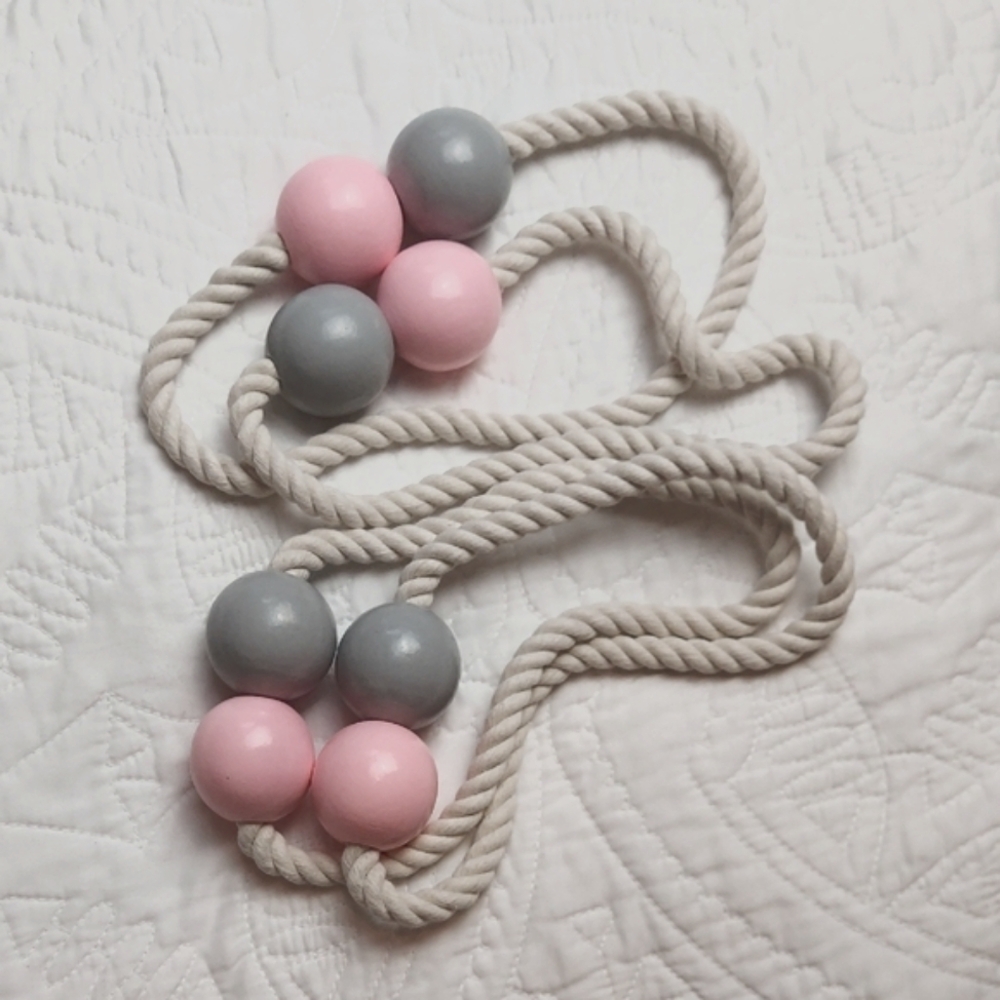 *🆕 Neutral Rope Curtain Tiebacks with Pink and Gray Magnetic Beads, 2 Sets, NEW
